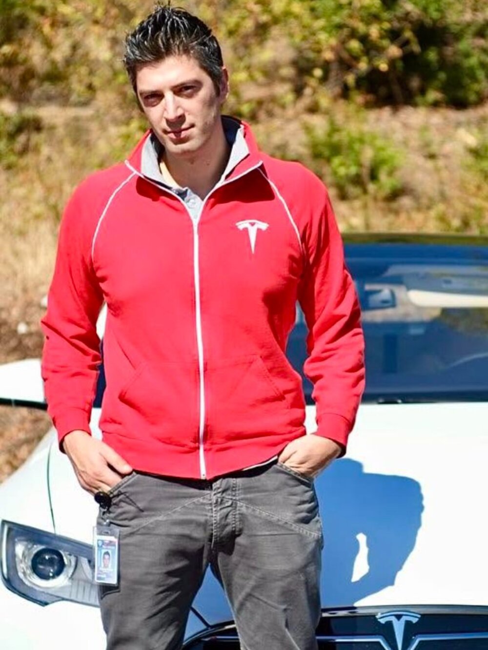 ☀️ Tesla California Fleece Zip Up Track Jacket XL Red White Piping